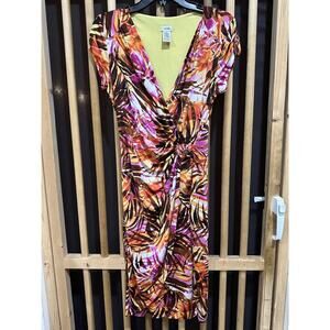 Cache Dress Womens Size M Pink Brown Floral Tropical Print Ruched V Neck Y2K